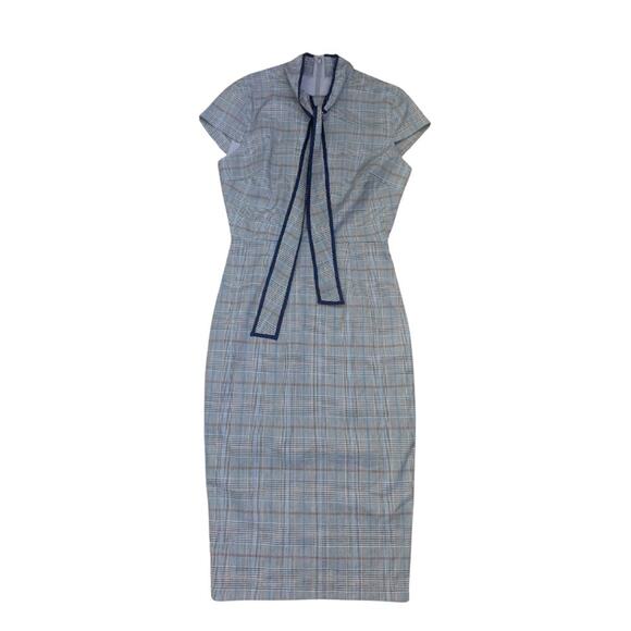 Elegant Navy Blue & Black Glen Check Plaid Midi Dress Tie Detail Alexia Admor XS
